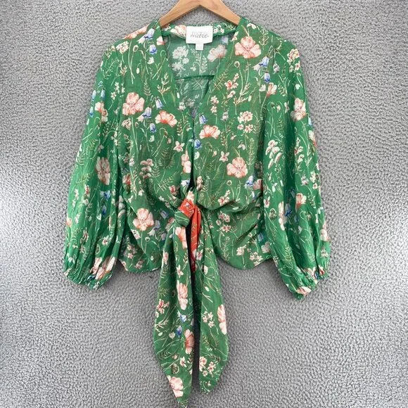 Anthropologie Mare Mare Top Womens L Green Floral Long Balloon Sleeves Tie Front - Picture 10 of 12